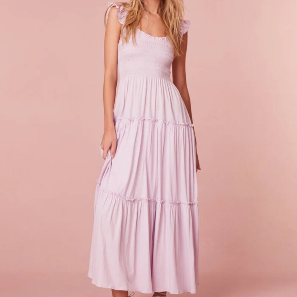 LoveShackFancy Chessie Smocked Flutter-Sleeve Tiered Midi Dress-Lilac BloomXL